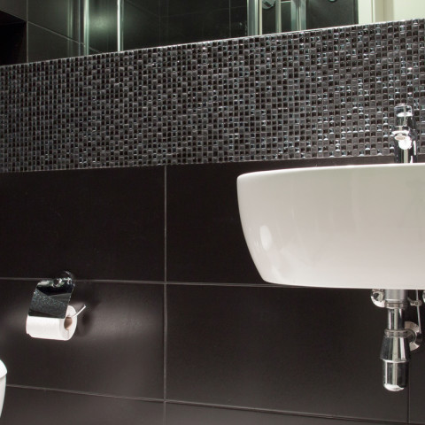 View of black and white luxurious bathroom