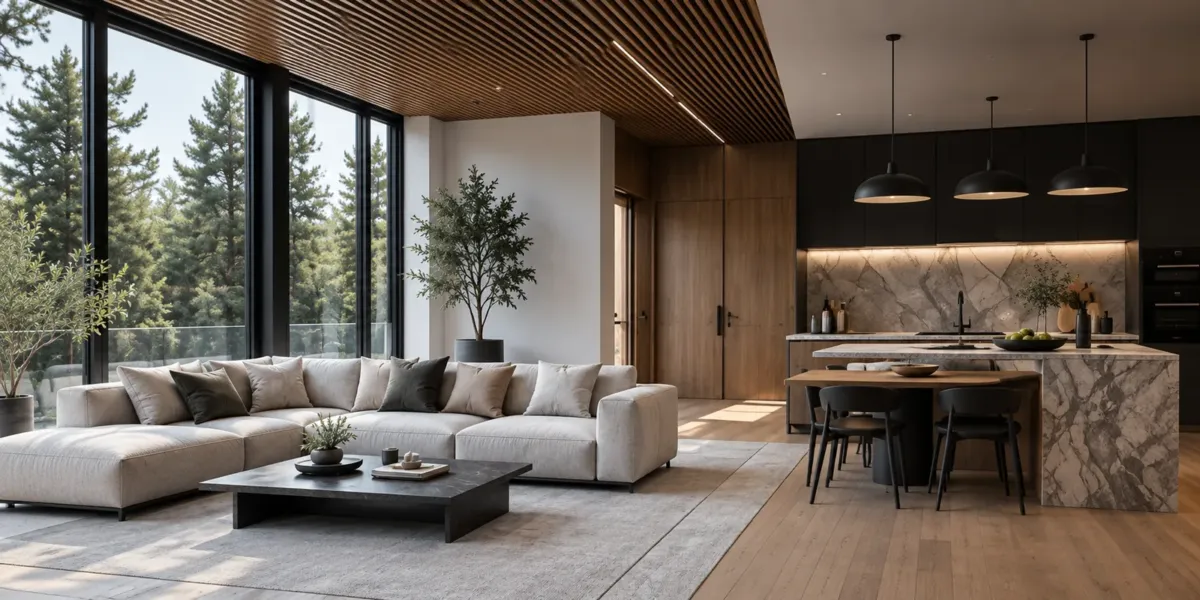Jasny salon z naturalnymi materiałami